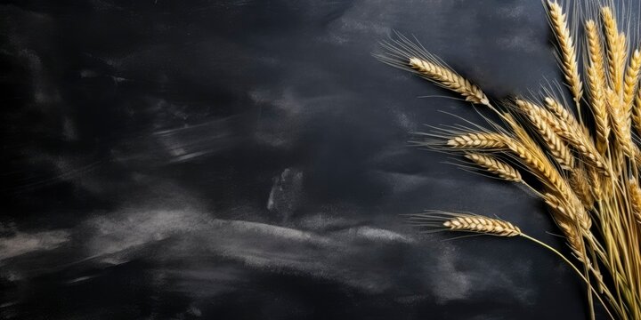 Wheat on blackboard background. Free space for text. Bakery background. Blackboard texture. Cafe, bakery, restaurant menu template. Generative AI