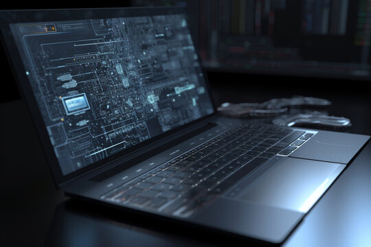 Web Development, Programming, and Code Testing UI Concept with Laptop Displaying Futuristic Cod,  Generative AI