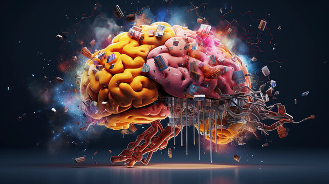 human brain exploding with creativity thanks to artificial intelligence, colorful, concept, idea, wallpaper, Generative AI