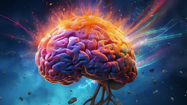 human brain exploding with creativity thanks to artificial intelligence, colorful, concept, idea, wallpaper, Generative AI