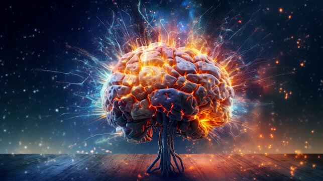 human brain exploding with creativity thanks to artificial intelligence, colorful, concept, idea, wallpaper, Generative AI