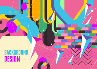 Retro geometric background with old geometrical shapes. Abstract busy psychodelic volumetric vector. Simple banner, poster. Vibrant graphic art cartoon illustration.