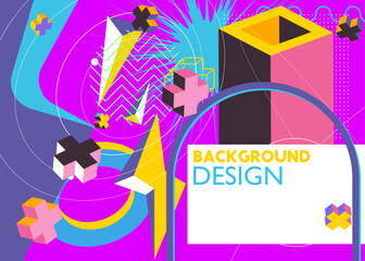 Retro geometric background with old geometrical shapes. Abstract busy psychodelic volumetric vector. Simple banner, poster. Vibrant graphic art cartoon illustration.