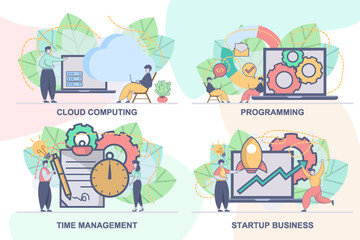 Set of web page design templates for programming, startup business, cloud computing, time management. Modern vector illustration concepts for website and mobile website development.
