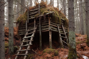 A deserted log hut in a forest - Generative AI