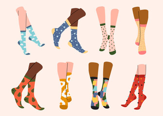 Set of Legs in Socks, Trendy Cotton Long Socks with Colorful Prints . Modern Collection Design for Special Occasion and Everyday Wearing Isolated on White Background. Cartoon Vector Illustration