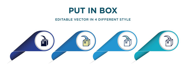 put in box icon in 4 different styles such as filled, color, glyph, colorful, lineal color. set of vector for web, mobile, ui