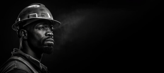 Black and white photorealistic studio portrait of a construction worker with hard hat on black background. Generative AI illustration