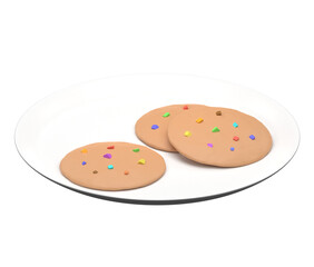Cookies with rainbow topping, white plate, dish, 3d illustration, 3d render.