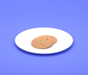 Cookies with rainbow topping on the dish, plate, colored background, 3d illustration.