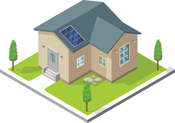 Isometric Modern House with Solar Panel. Green Eco House. Energy Effective House