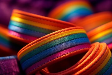 Still life of rainbow wristbands macro shot in studio lighting with depth of field, Ai generated
