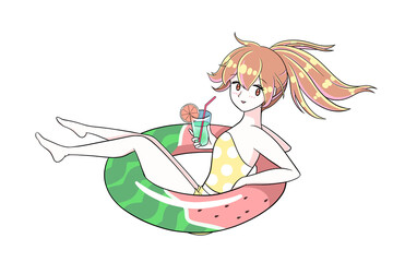 水分補給　波乗り　透過素材　夏　水着を着た女の子　浮き輪に乗った女の子　プール　スイミング　イラスト