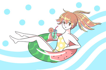  girl in a swimsuit girl with a float summer vacation illustration reminiscent of summer girl with juice