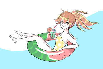 水分補給　波乗り　夏　水着を着た女の子　浮き輪に乗った女の子　涼し気　プール　スイミング　イラスト