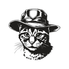 cat wearing scout hat, vintage logo line art concept black and white color, hand drawn illustration