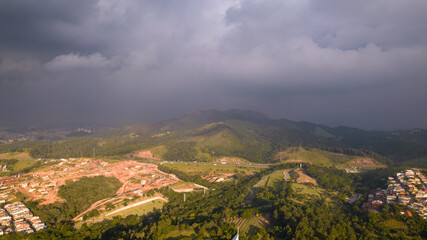 Obraz premium Aerial view of the Pirituba neighborhood in Sao Paulo, Brazil. Pico do Jaraguá in the background.