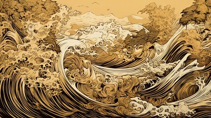 Japanese traditional Ukiyoe yellow and beige detailing rough waves, old map-like texture Abstract, Elegant and Modern AI-generated illustration
