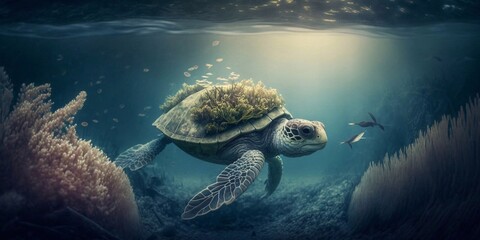 The Hawaiian Green Sea Turtle (Chelonia mydas) swims underwater with polluted water created with Generative AI