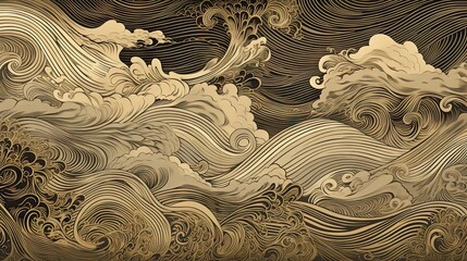 Japanese traditional Ukiyoe beige Wave like old map, withstand rough waves Abstract, Elegant and Modern AI-generated illustration