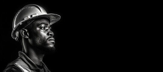 Black and white photorealistic studio portrait of a construction worker with hard hat on black background. Generative AI illustration