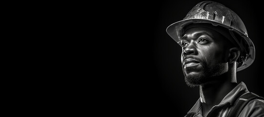 Fototapeta na wymiar Black and white photorealistic studio portrait of a construction worker with hard hat on black background. Generative AI illustration