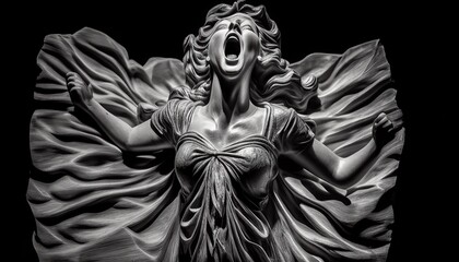 Sculpture of woman screaming white on dark background, expressing sorrow with her whole body, unable to bear her suffering Abstract, Elegant and Modern AI-generated illustration