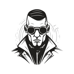 person wearing futuristic glasses, vintage logo line art concept black and white color, hand drawn illustration