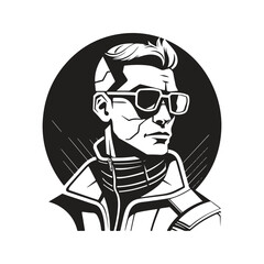 person wearing futuristic glasses, vintage logo line art concept black and white color, hand drawn illustration