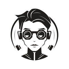 person wearing futuristic glasses, vintage logo line art concept black and white color, hand drawn illustration