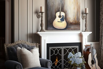 Guitar leaning near fireplace behind chaise in living room. Generative Ai.