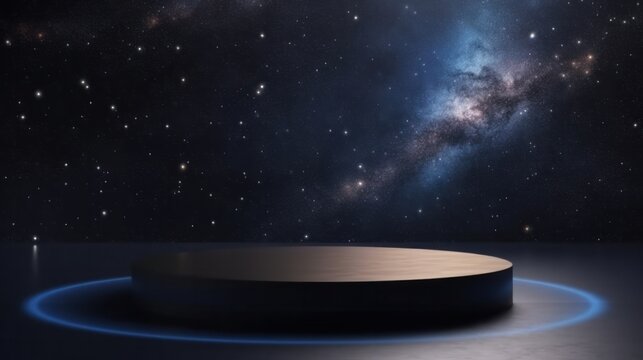 3D realistic black empty podium pedestal with blue night space cosmos nebula and shining star magic galaxy scene. Generative AI.