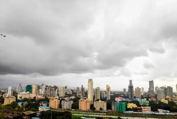 A day full of dark clouds in the sky in the City of Mumbai on a rainy monsoon day in the city of Mumbai, India