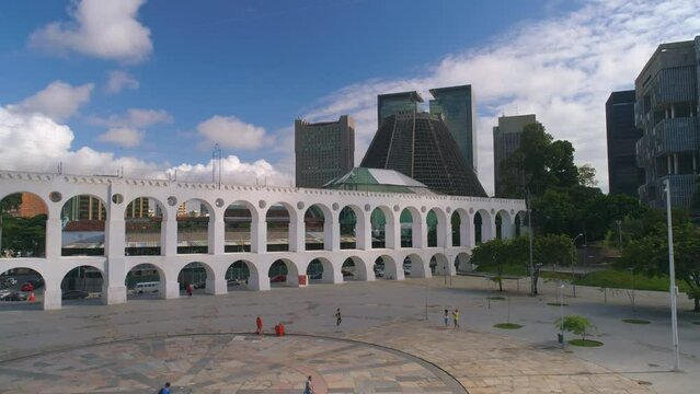 RIO DE JANEIRO, BRASIL - MAY, 2023: Aerial drone panorama view of famous landmark Arches of Lapa traditional place of many tourists.
