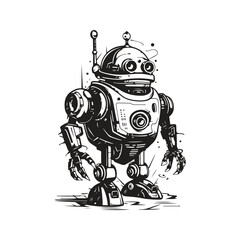 sci fi robot, vintage logo line art concept black and white color, hand drawn illustration