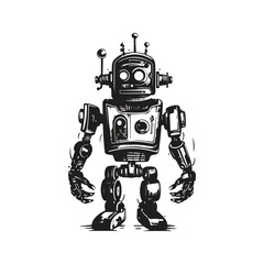 sci fi robot, vintage logo line art concept black and white color, hand drawn illustration