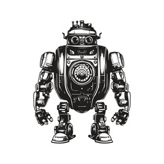 sci fi robot, vintage logo line art concept black and white color, hand drawn illustration