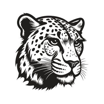 cheetah mascot, vintage logo line art concept black and white color, hand drawn illustration