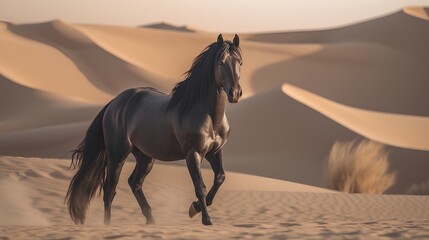 Strong beautiful black horse in the desert