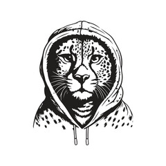 cheetah wearing hoodie, vintage logo line art concept black and white color, hand drawn illustration
