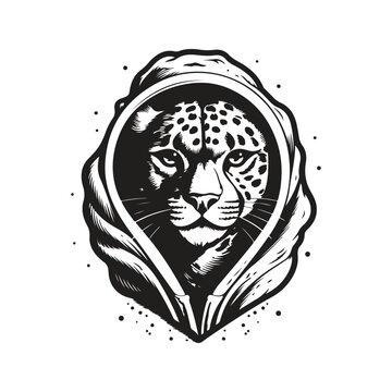 cheetah wearing hoodie, vintage logo line art concept black and white color, hand drawn illustration