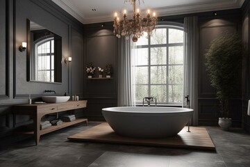 Fototapeta na wymiar Large gray bathroom with heated floors, stand alone tub and wooden table. 3D render. Generative AI