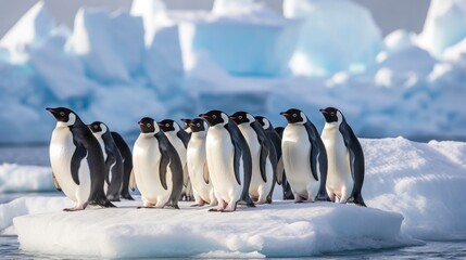 Group of penguins stood on snowy landscape of Antarctica. Generative AI. - obrazy, fototapety, plakaty