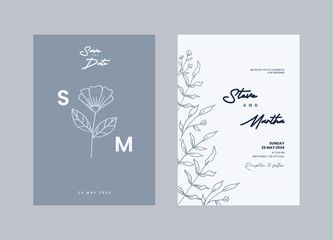 A set of Minimalist wedding invitation templates with hand drawn flowers and leaves decoration