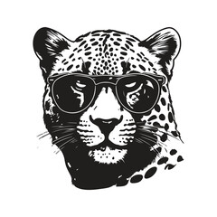 cheetah wearing sunglasses, vintage logo line art concept black and white color, hand drawn illustration