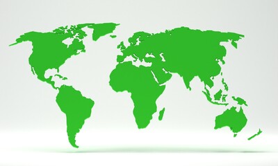 green world map illustration with shadow, 3d render, earth map.