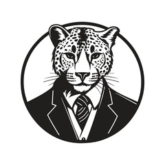 cheetah wearing suit, vintage logo line art concept black and white color, hand drawn illustration