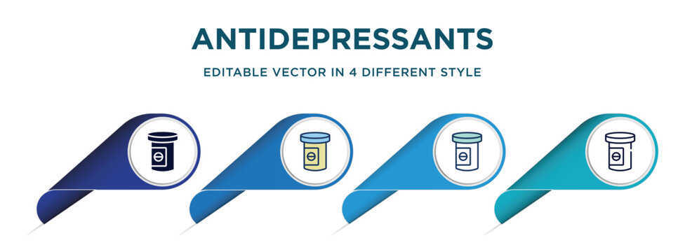 antidepressants icon in 4 different styles such as filled, color, glyph, colorful, lineal color. set of vector for web, mobile, ui