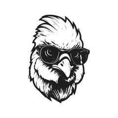 chicken with sunglasses, vintage logo line art concept black and white color, hand drawn illustration