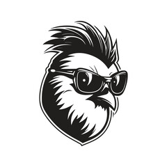 chicken with sunglasses, vintage logo line art concept black and white color, hand drawn illustration
